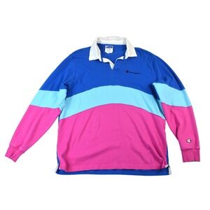 Vintage Champion Mens Rugby Shirt Colorblock Blue Pink Long Sleeve Polo XL T5877